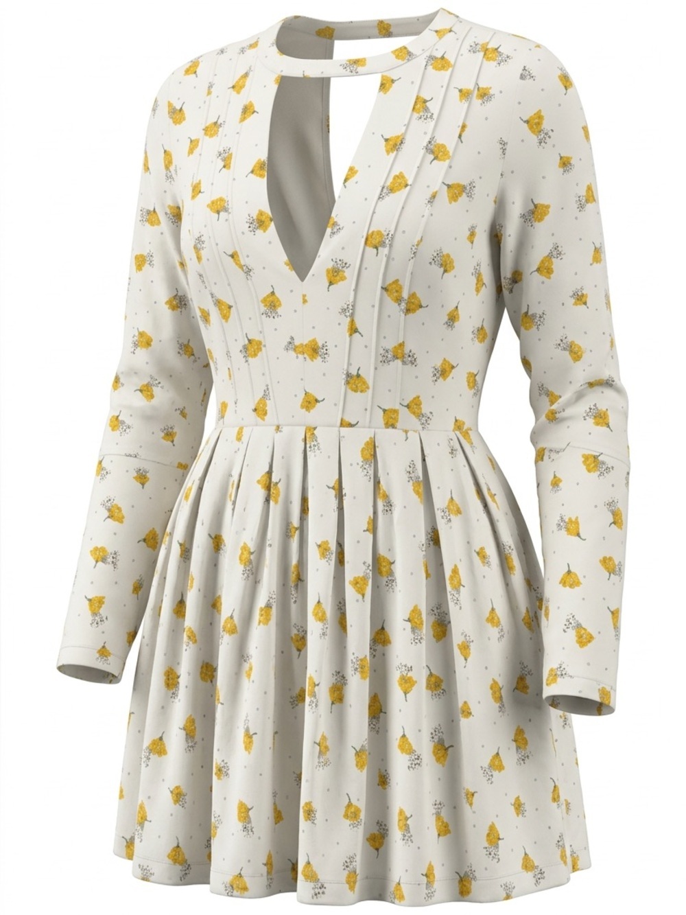 Free People Floral Long Sleeve Pleated Dress with Yellow Print. Size 4